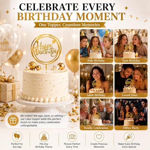 6PCS Gold Mirror Acrylic Happy Birthday Cake Toppers Set
