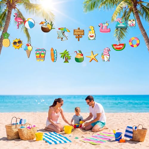 Summer Tree Ornaments Set - 40 Wooden Holiday Decorations for Beach, Gnome, Flamingo, Hawaiian Party