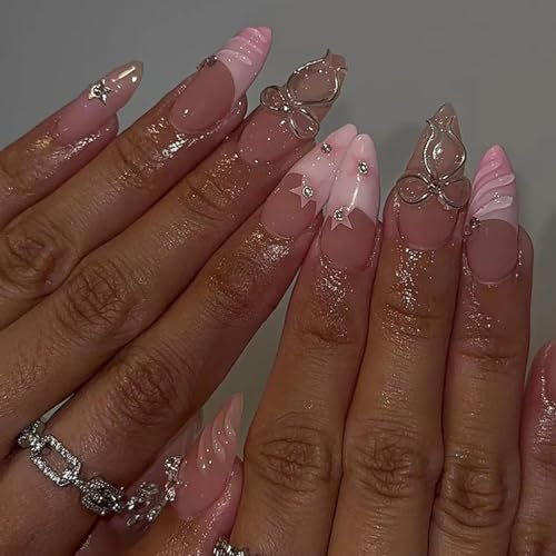 French Tip Press on Nails Medium Almond 3D Star Rhinestones Bow Design