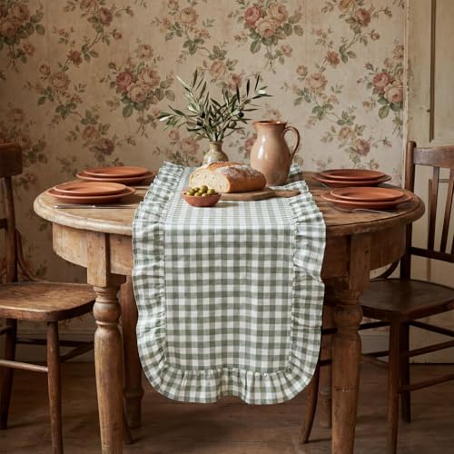 Green Gingham Cotton Ruffle Table Runner for 4-6 People - 12x71 Inches, Plaid / Olive Green