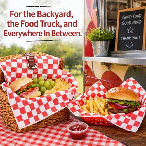 Red & White 7x7 Inch Food Basket Liners, 200-Pack Grease-Resistant Wax Paper