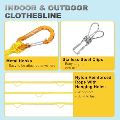 Portable Travel Clothesline Yellow 12.5 Ft - Windproof Laundry Line with Clothespins