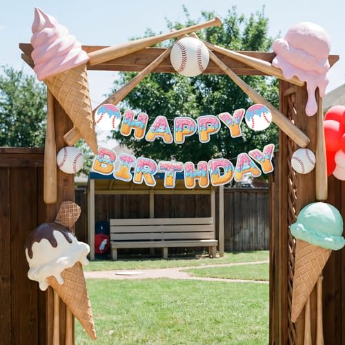 Baseball Ice Cream Drip Happy Birthday Banner - DIY Party Decor
