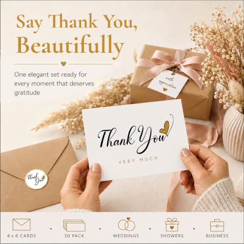 30 Elegant Thank You Cards with Envelopes & Stickers - 4 x 6