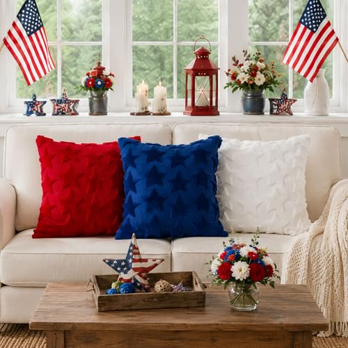 4th of July Pillow Covers 18x18 inch Set of 2 Blue Stars Decor