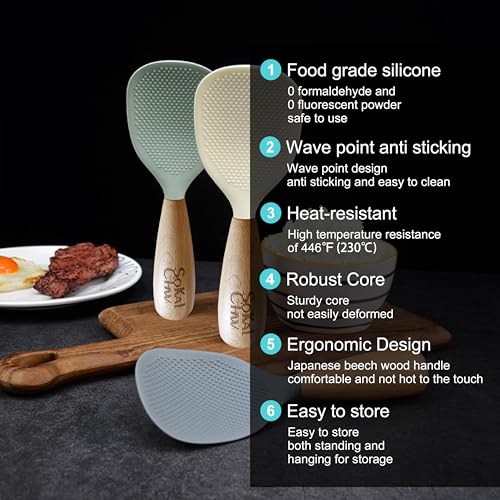 Green Silicone Rice Spoon with Wooden Handle - Heat-Resistant Cooking Utensil