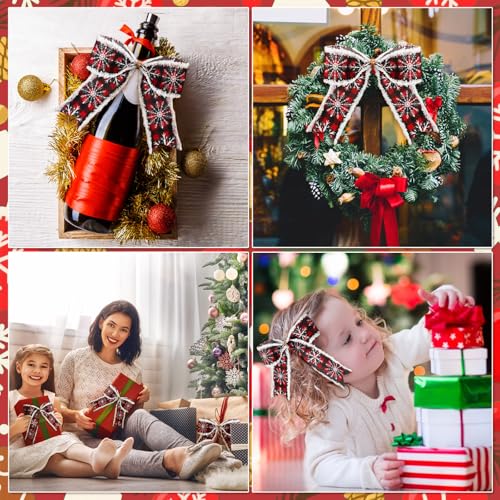 12 Red and Black Christmas Burlap Plaid Decorative Bows - 7"