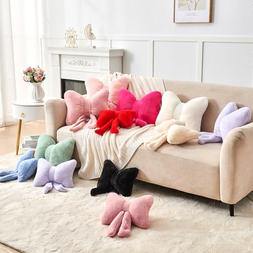Soft Pink Bow Pillow - 12'' Decorative Throw Pillow with Faux Rabbit Fur