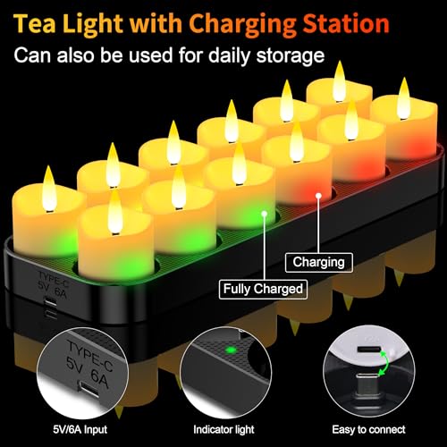 Rechargeable USB-C Tea Lights with Charging Base 12 Pack - Remote Control