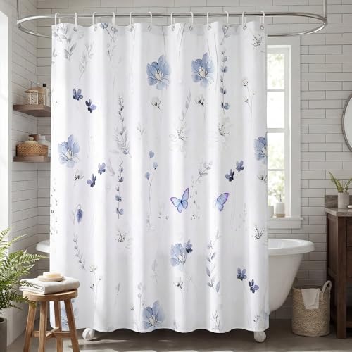 Watercolor Floral Shower Curtain - Lavender Flowers & Butterflies, 72x72 Inch