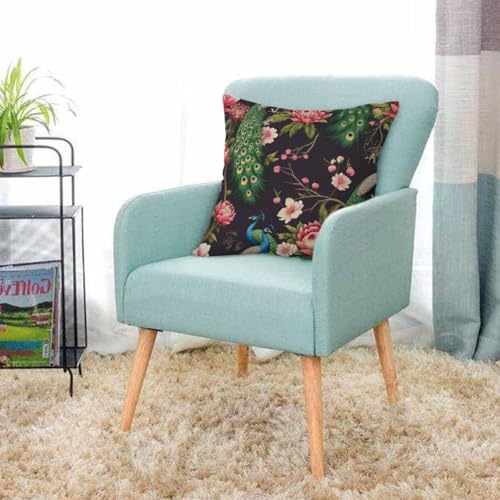 Peacock on Cherry Tree Throw Pillow Cover, 18x18 Inch Cotton Linen Cushion