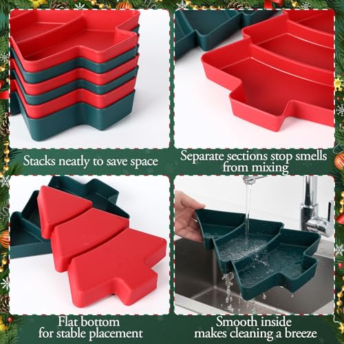 Christmas Tree Shape Serving Tray Set - 6 Pcs Red and Green Divided Platters