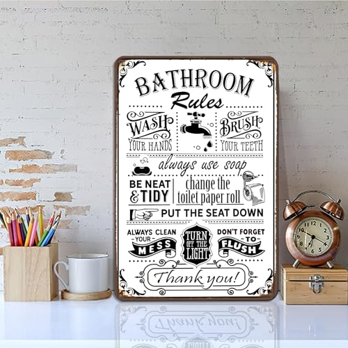 Hesanqian Black Vintage Bathroom Rules Metal Wall Sign 8x12 Inch