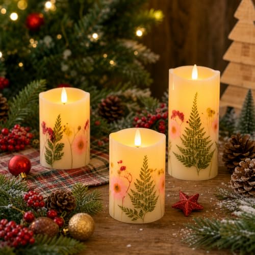 Flameless Christmas Candles Set of 3 with Pine Botanical Design & Remote Timer
