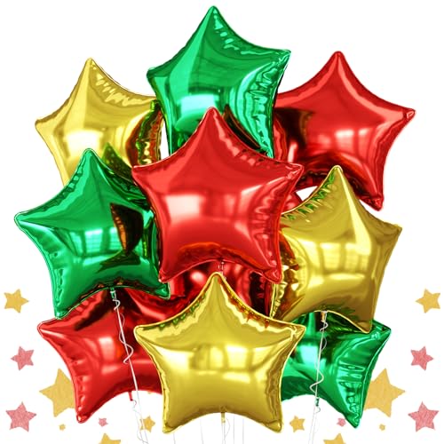 Red Green Gold Star Foil Balloons - 10PCS 18 Inch Metallic Party Balloons, Helium & Air, Xmas Birthday Decoration