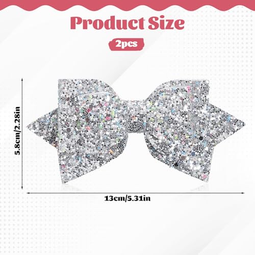 Silver Glitter Hair Bows 5.3 Inch Sparkly Alligator Clips 2 Pcs