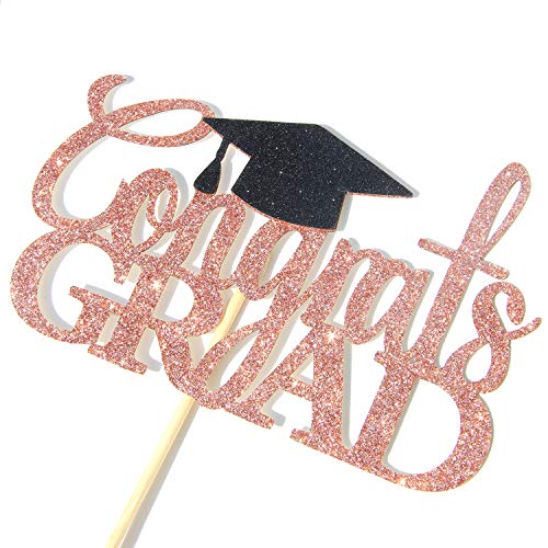 Congrats Grad Cake Topper - Rose Gold Glitter for 2026 Graduation