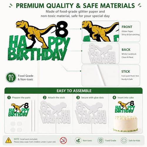 Dinosaur 8th Birthday Cake Topper - Glitter T-Rex Decoration