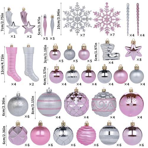 Pink and Silver Christmas Balls Ornament Set - 100 Shatterproof Plastic Decor with Tree Topper & Snowflakes