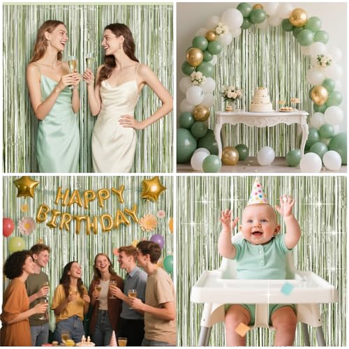 Sage Green Foil Fringe Curtain Set - 4 Pack Tinsel Backdrop for Parties