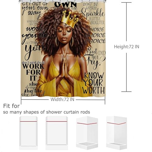 Motivational African American Shower Curtain - Black Woman 72x72 Inch, Brown Yellow