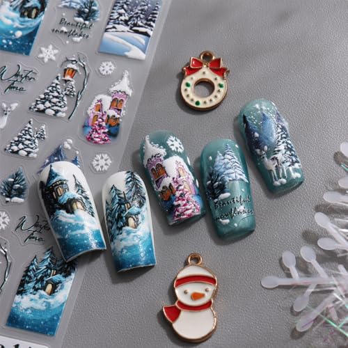 BUNLVDI 4 Sheets Christmas Nail Art Stickers - 3D Self-Adhesive Winter Deer & Snowflake Decals