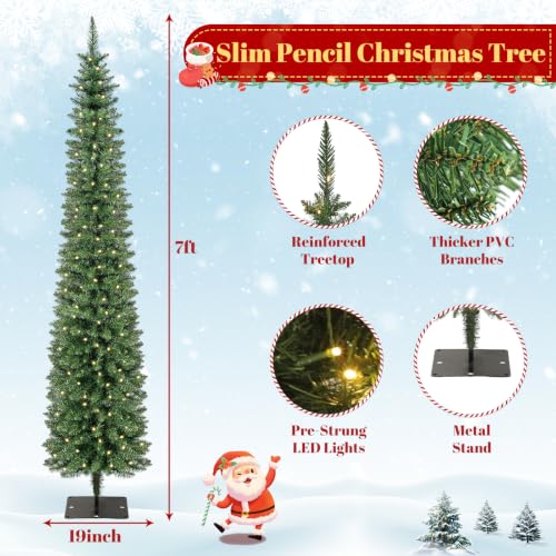 7FT Slim Prelit Christmas Tree with Warm White LED Lights, Green Variant