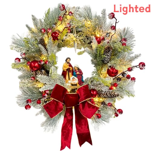 Lighted Christmas Wreath with Nativity Scene - 22 Inch Holiday Decor