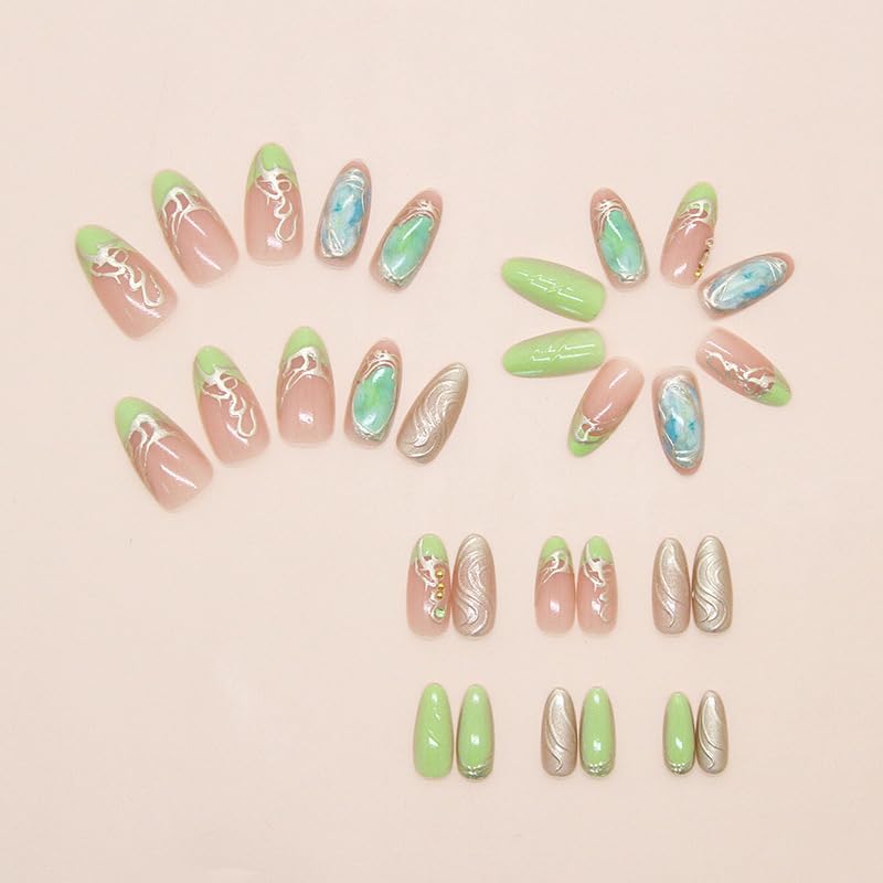 Light Green Press on Nails Medium Almond 3D Gilding Acrylic False Nails