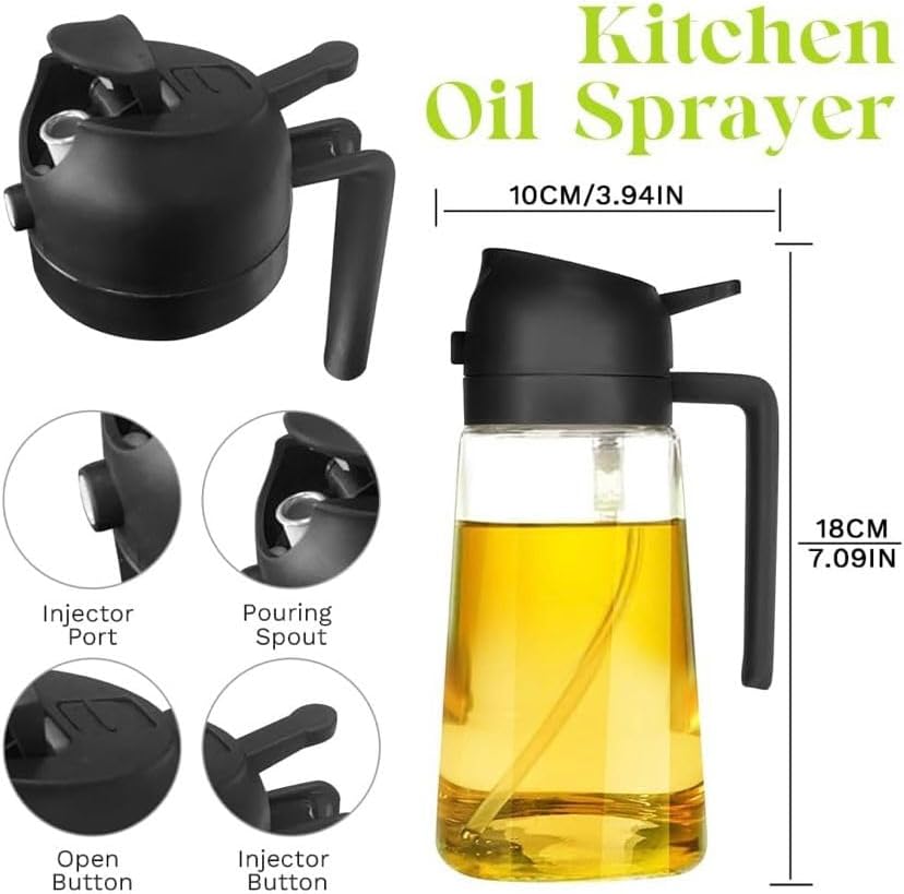 TrendPlain 16oz Glass Olive Oil Sprayer - 2-in-1 Dispenser Bottle for Cooking & BBQ - Black