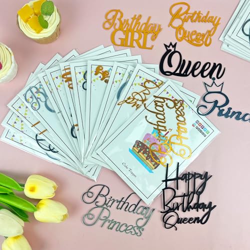 24PCS Queen Birthday Cake Toppers - Black, Gold & Silver Decorations
