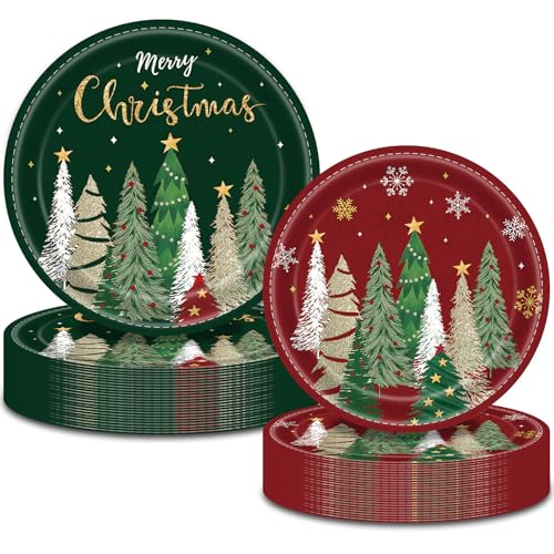 Christmas Paper Plates 9 Inch & 7 Inch Set of 50 Red Green Holiday Party Supplies