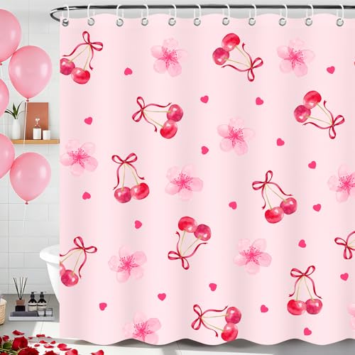 Cherry Shower Curtain for Girls - Floral Heart Design, 71x71 Inches