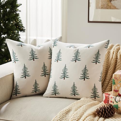 Winter Tree Christmas Pillow Covers, 18x18 Inch Cotton Set of 2