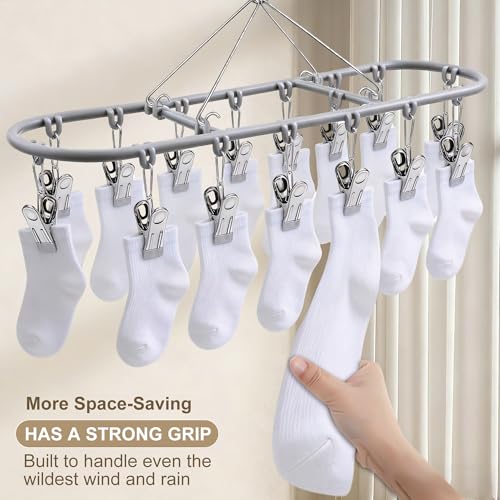 Dark Gray Sock Hanger with 20 Clips - Stainless Steel Drying Rack for Underwear & Baby Clothes