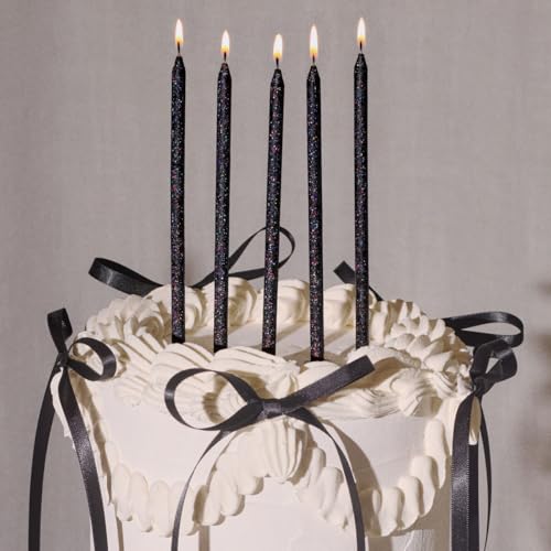 Black Glitter Birthday Cake Candles - 10 Tall Thin Party Decor