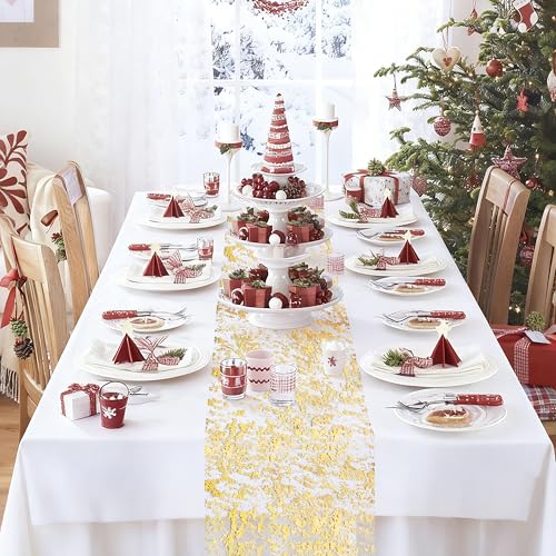 Gold Glitter Table Runner 11 Inch x 100 Feet - Metallic Foil Mesh Wedding Party Decor - Variation of Gold / 11 Inch x 100 Feet