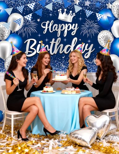 Blue Happy Birthday Backdrop Banner - 73" x 43" Large Fabric Poster
