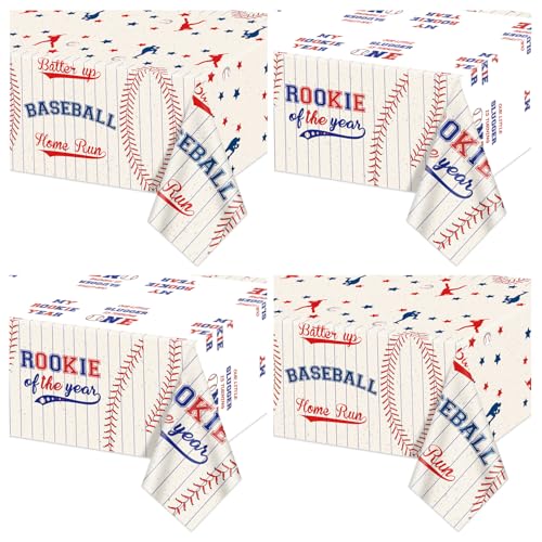 Rookie of the Year Baseball Tablecloths 4-Pack, 51x87 Inch Disposable Plastic Party Table Covers for Boys 1st Birthday