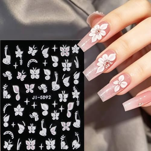 5D Embossed Flower Nail Art Stickers - White Floral Butterfly Decals