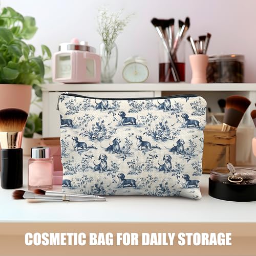 Chinoiserie Dachshund Makeup Bag Blue White Dog Canvas Toiletry Pouch