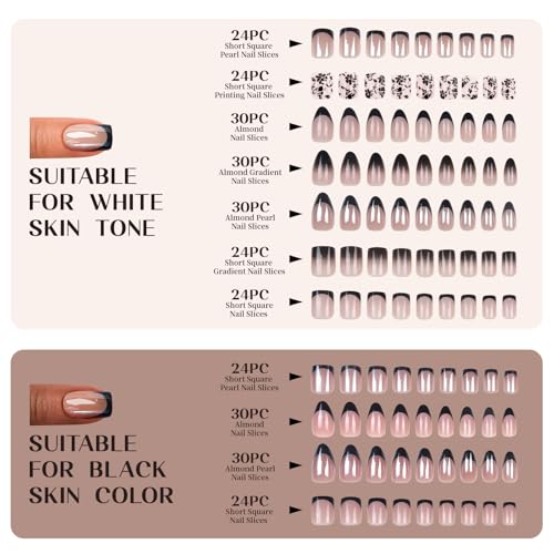 Black French Tip Press On Nails - Short Almond Fake Nails Kit