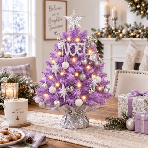 Purple Mini Christmas Tree with Lights - Small Artificial Holiday Decor