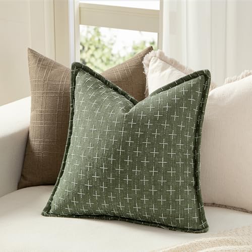 MIULEE Olive Green Burlap Linen Throw Pillow Covers 18x18" - Set of 2