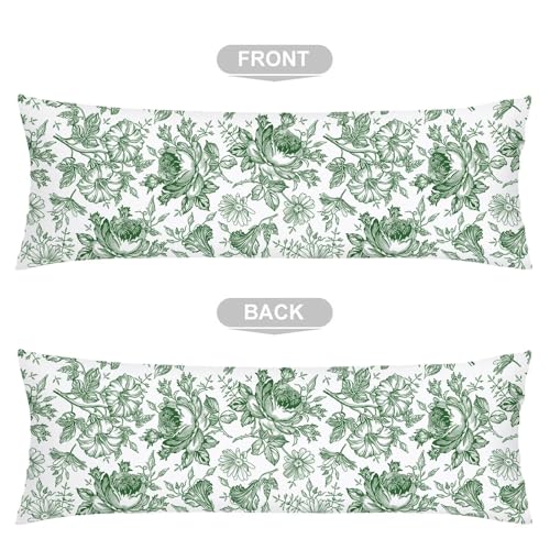 Green & White Porcelain Floral Body Pillow Cover 20x54 with Zipper - HOTLUXPH