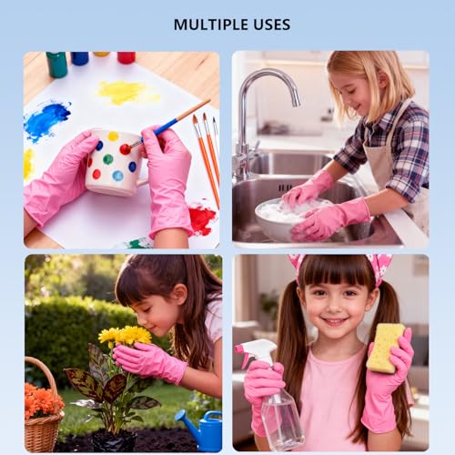 AYUMAT Kids Pink Nitrile Gloves, 100pcs, Latex-Free & Waterproof