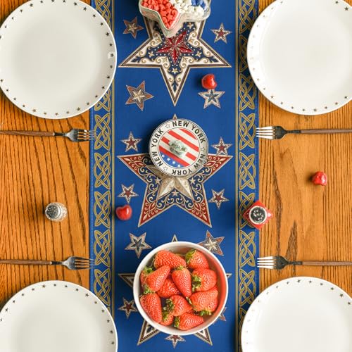 Artoid Mode 4th of July Table Runner - Blue Stars on Golden Border, 13x36 Inch