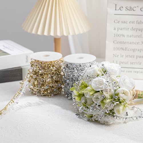 Crystal & Gold Bead Garland - 33 Feet Christmas Tree & Wedding Decor - Variation of 33Feet-Gold+Clear