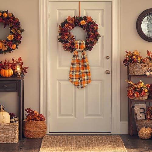 Dark Orange Buffalo Plaid Wreath Sash, 54-Inch Seasonal Fall Ribbon Tie