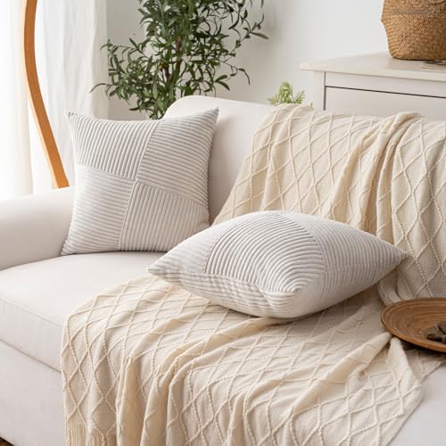 Boho Corduroy Throw Pillow Covers 18x18 Inch Set of 2 - Cream White